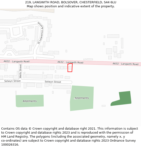 219, LANGWITH ROAD, BOLSOVER, CHESTERFIELD, S44 6LU: Location map and indicative extent of plot