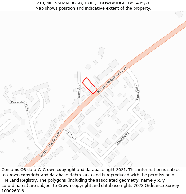 219, MELKSHAM ROAD, HOLT, TROWBRIDGE, BA14 6QW: Location map and indicative extent of plot