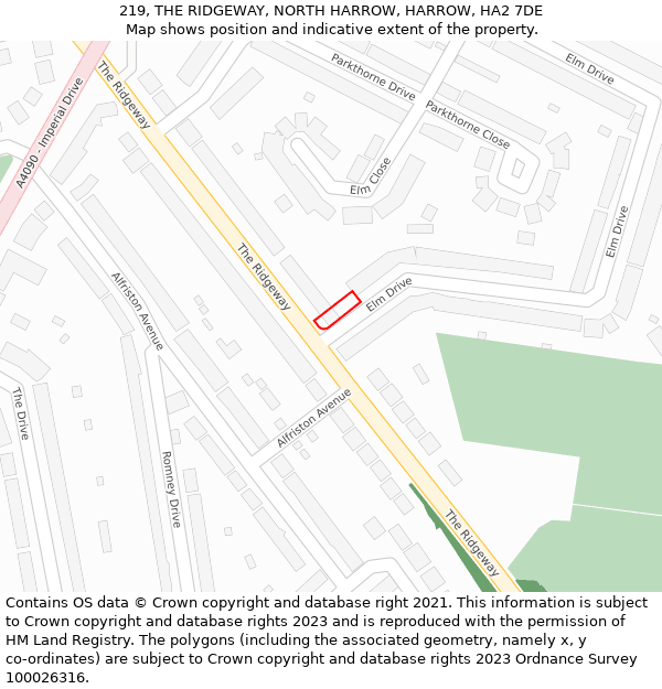 219, THE RIDGEWAY, NORTH HARROW, HARROW, HA2 7DE: Location map and indicative extent of plot