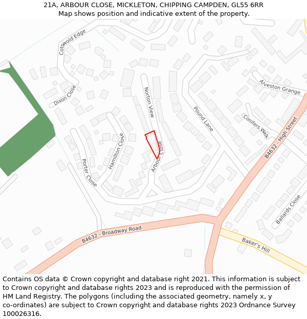 21A, ARBOUR CLOSE, MICKLETON, CHIPPING CAMPDEN, GL55 6RR: Location map and indicative extent of plot