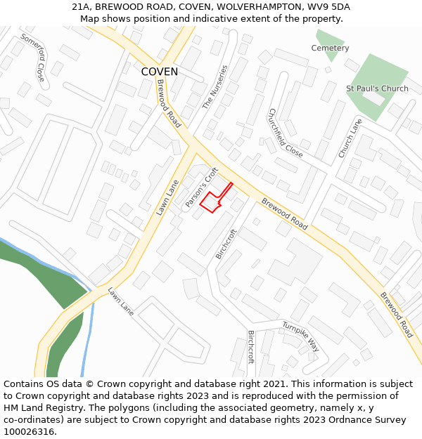 21A, BREWOOD ROAD, COVEN, WOLVERHAMPTON, WV9 5DA: Location map and indicative extent of plot
