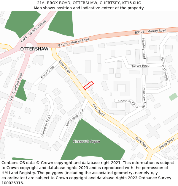 21A, BROX ROAD, OTTERSHAW, CHERTSEY, KT16 0HG: Location map and indicative extent of plot