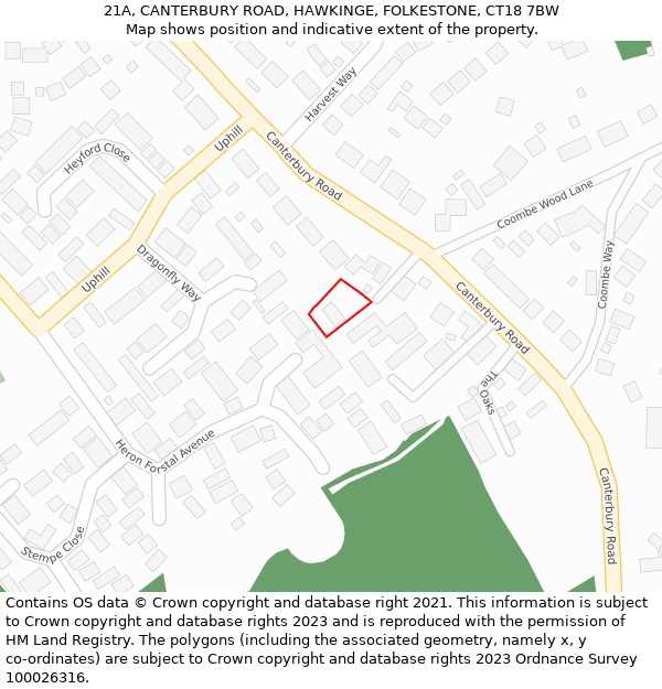 21A, CANTERBURY ROAD, HAWKINGE, FOLKESTONE, CT18 7BW: Location map and indicative extent of plot