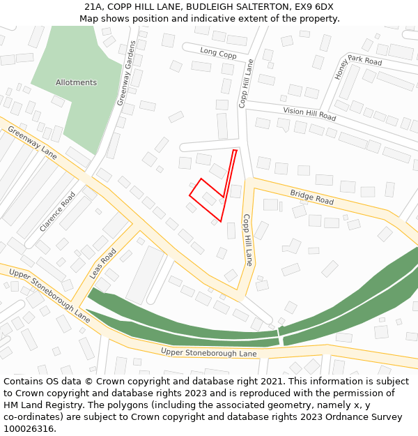 21A, COPP HILL LANE, BUDLEIGH SALTERTON, EX9 6DX: Location map and indicative extent of plot