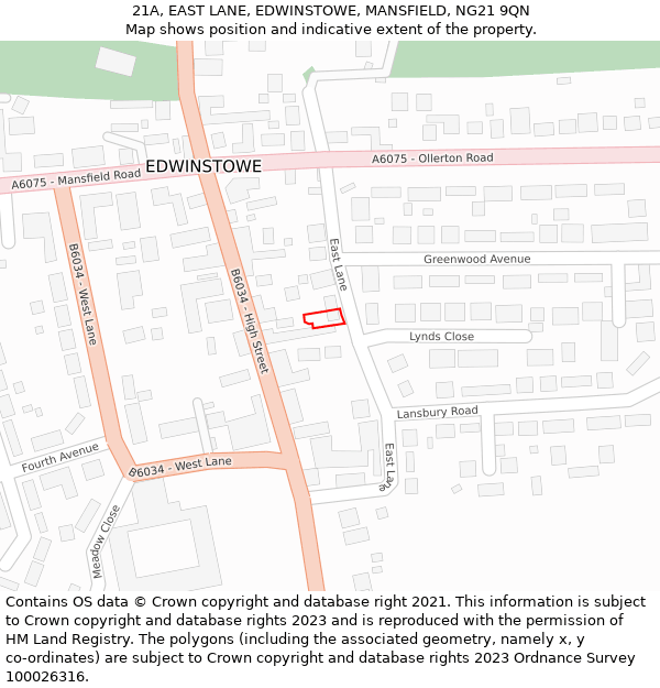 21A, EAST LANE, EDWINSTOWE, MANSFIELD, NG21 9QN: Location map and indicative extent of plot