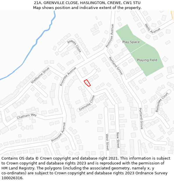 21A, GRENVILLE CLOSE, HASLINGTON, CREWE, CW1 5TU: Location map and indicative extent of plot