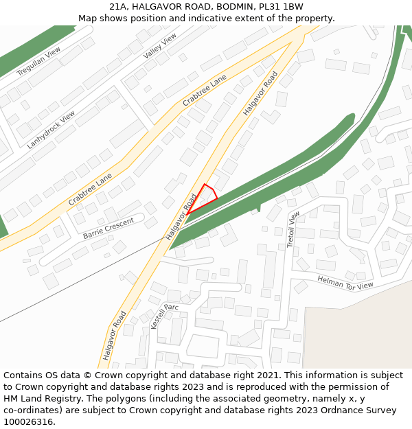 21A, HALGAVOR ROAD, BODMIN, PL31 1BW: Location map and indicative extent of plot