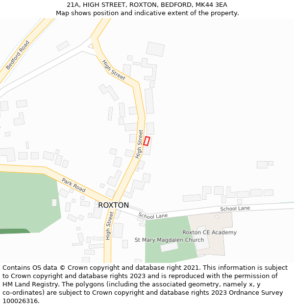 21A, HIGH STREET, ROXTON, BEDFORD, MK44 3EA: Location map and indicative extent of plot