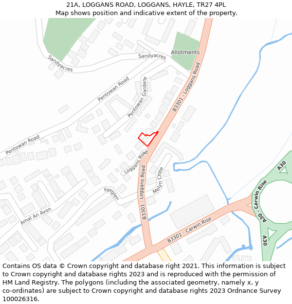 21A, LOGGANS ROAD, LOGGANS, HAYLE, TR27 4PL: Location map and indicative extent of plot