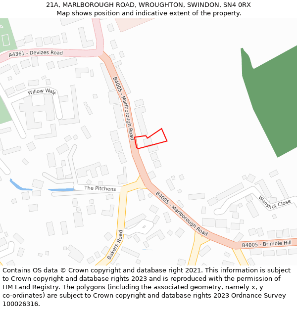 21A, MARLBOROUGH ROAD, WROUGHTON, SWINDON, SN4 0RX: Location map and indicative extent of plot