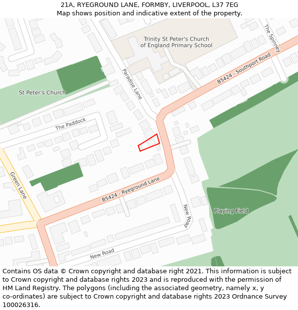 21A, RYEGROUND LANE, FORMBY, LIVERPOOL, L37 7EG: Location map and indicative extent of plot