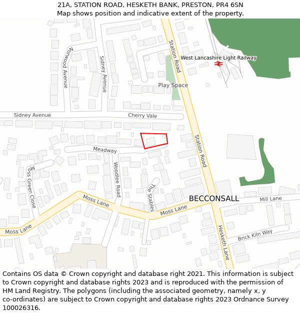 21A, STATION ROAD, HESKETH BANK, PRESTON, PR4 6SN: Location map and indicative extent of plot