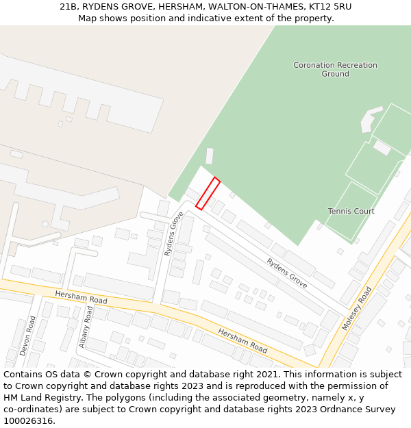 21B, RYDENS GROVE, HERSHAM, WALTON-ON-THAMES, KT12 5RU: Location map and indicative extent of plot