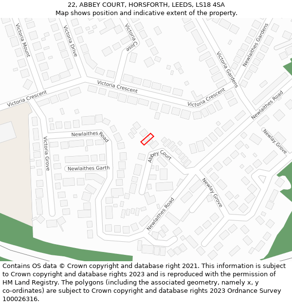 22, ABBEY COURT, HORSFORTH, LEEDS, LS18 4SA: Location map and indicative extent of plot