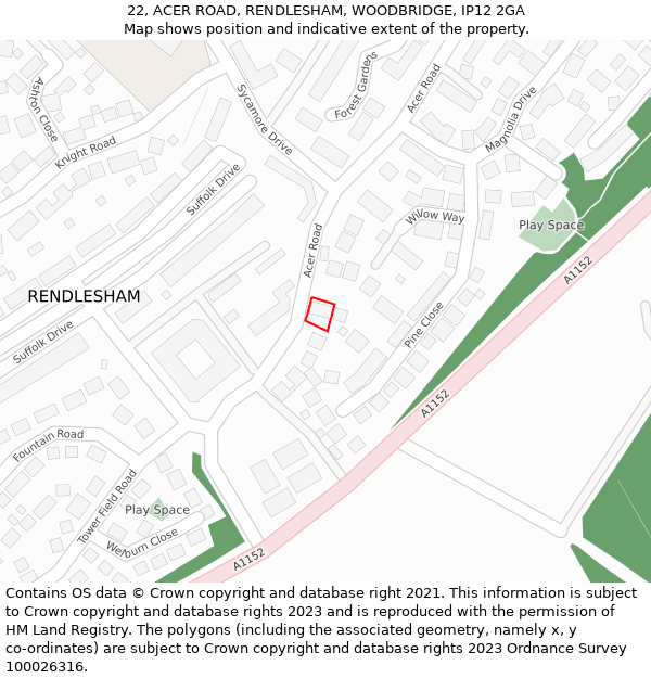 22, ACER ROAD, RENDLESHAM, WOODBRIDGE, IP12 2GA: Location map and indicative extent of plot