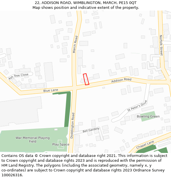 22, ADDISON ROAD, WIMBLINGTON, MARCH, PE15 0QT: Location map and indicative extent of plot