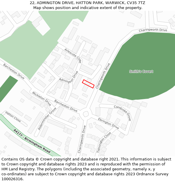 22, ADMINGTON DRIVE, HATTON PARK, WARWICK, CV35 7TZ: Location map and indicative extent of plot