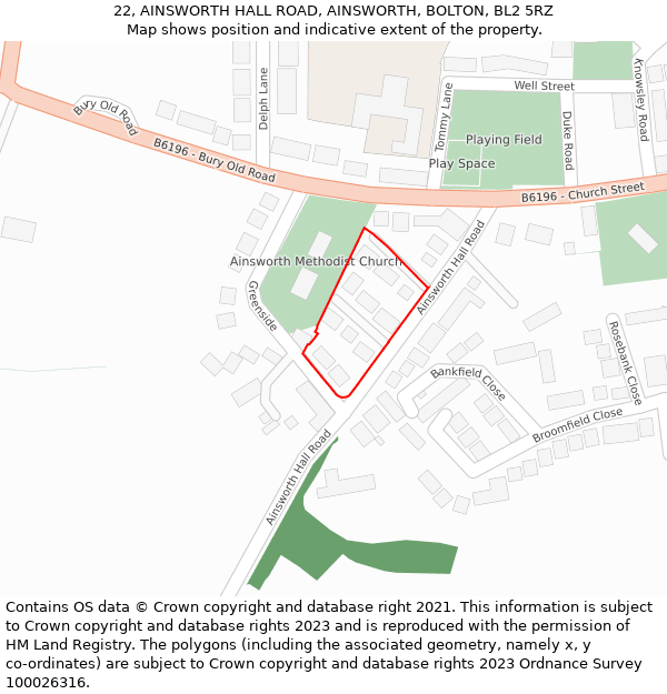 22, AINSWORTH HALL ROAD, AINSWORTH, BOLTON, BL2 5RZ: Location map and indicative extent of plot