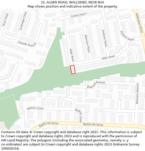 22, ALDER ROAD, WALLSEND, NE28 9UA: Location map and indicative extent of plot