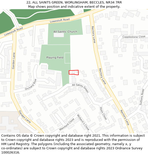 22, ALL SAINTS GREEN, WORLINGHAM, BECCLES, NR34 7RR: Location map and indicative extent of plot