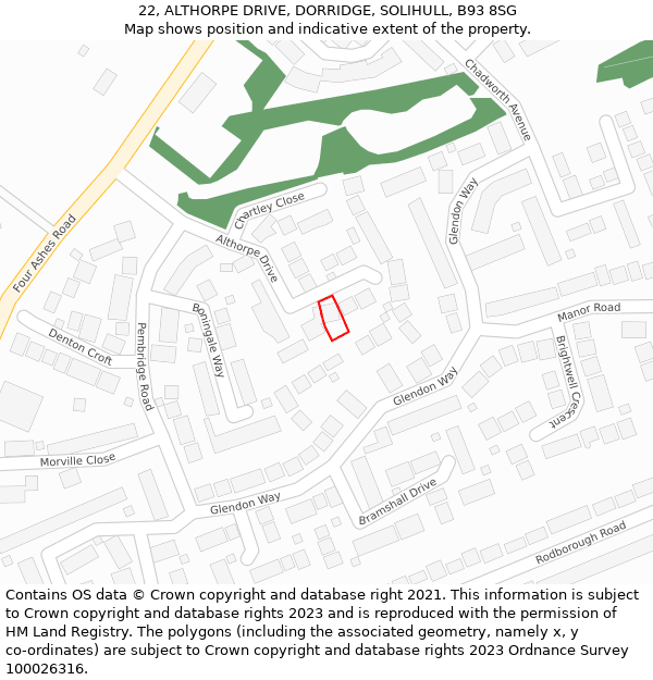 22, ALTHORPE DRIVE, DORRIDGE, SOLIHULL, B93 8SG: Location map and indicative extent of plot