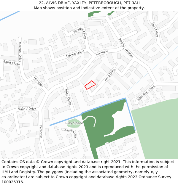 22, ALVIS DRIVE, YAXLEY, PETERBOROUGH, PE7 3AH: Location map and indicative extent of plot