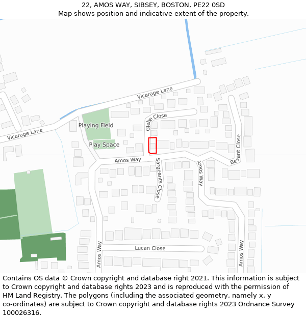 22, AMOS WAY, SIBSEY, BOSTON, PE22 0SD: Location map and indicative extent of plot