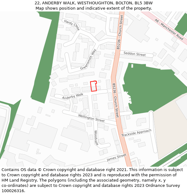 22, ANDERBY WALK, WESTHOUGHTON, BOLTON, BL5 3BW: Location map and indicative extent of plot