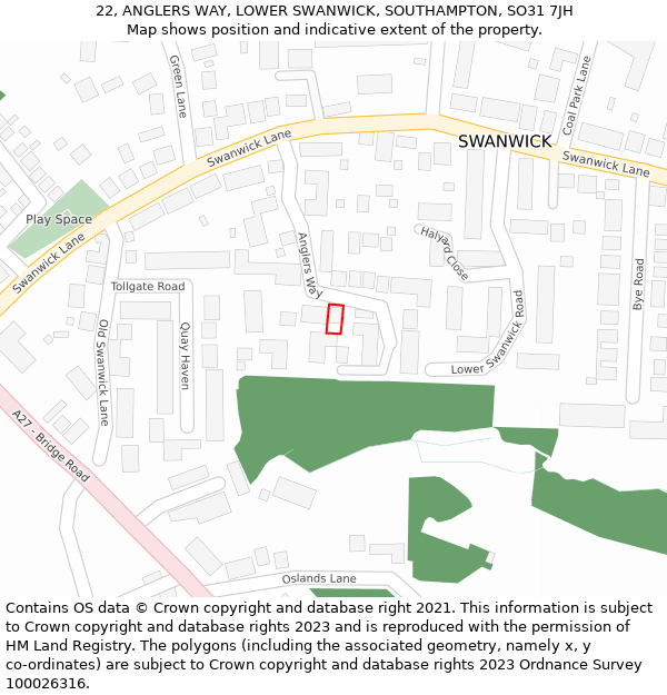 22, ANGLERS WAY, LOWER SWANWICK, SOUTHAMPTON, SO31 7JH: Location map and indicative extent of plot