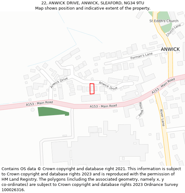 22, ANWICK DRIVE, ANWICK, SLEAFORD, NG34 9TU: Location map and indicative extent of plot