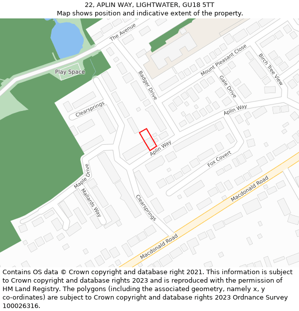 22, APLIN WAY, LIGHTWATER, GU18 5TT: Location map and indicative extent of plot