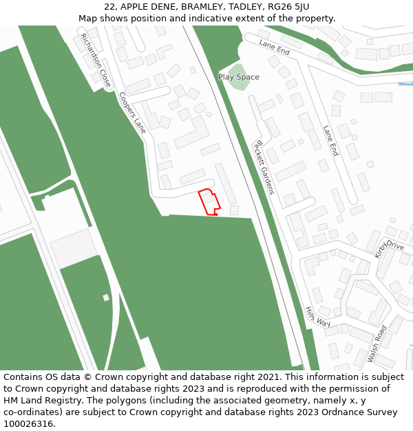 22, APPLE DENE, BRAMLEY, TADLEY, RG26 5JU: Location map and indicative extent of plot