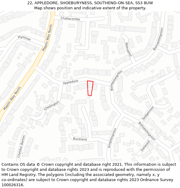 22, APPLEDORE, SHOEBURYNESS, SOUTHEND-ON-SEA, SS3 8UW: Location map and indicative extent of plot