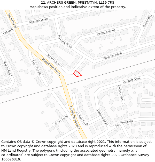 22, ARCHERS GREEN, PRESTATYN, LL19 7RS: Location map and indicative extent of plot