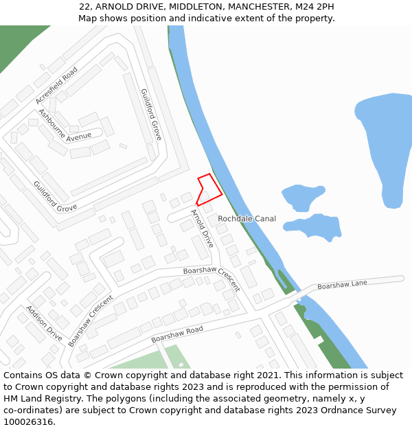 22, ARNOLD DRIVE, MIDDLETON, MANCHESTER, M24 2PH: Location map and indicative extent of plot