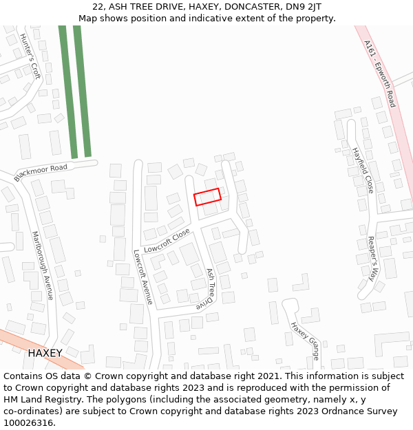 22, ASH TREE DRIVE, HAXEY, DONCASTER, DN9 2JT: Location map and indicative extent of plot