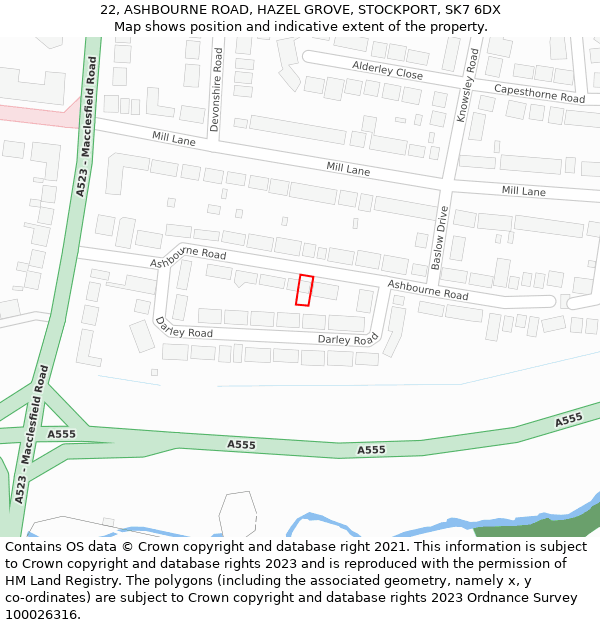22, ASHBOURNE ROAD, HAZEL GROVE, STOCKPORT, SK7 6DX: Location map and indicative extent of plot