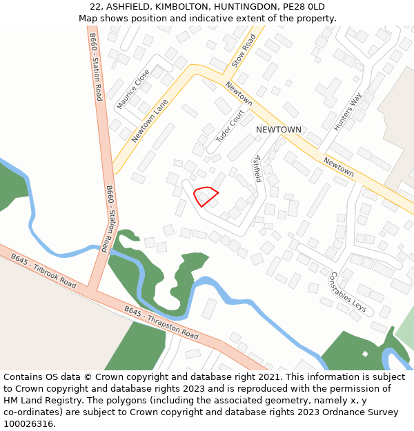 22, ASHFIELD, KIMBOLTON, HUNTINGDON, PE28 0LD: Location map and indicative extent of plot