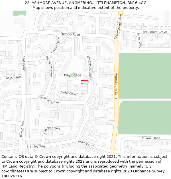 22, ASHMORE AVENUE, ANGMERING, LITTLEHAMPTON, BN16 4GG: Location map and indicative extent of plot