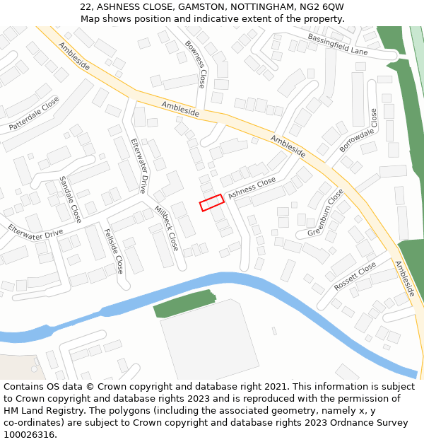 22, ASHNESS CLOSE, GAMSTON, NOTTINGHAM, NG2 6QW: Location map and indicative extent of plot