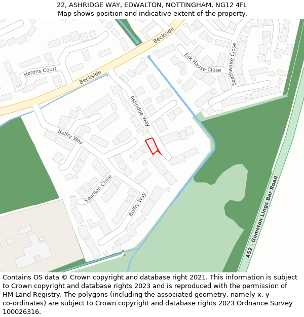 22, ASHRIDGE WAY, EDWALTON, NOTTINGHAM, NG12 4FL: Location map and indicative extent of plot