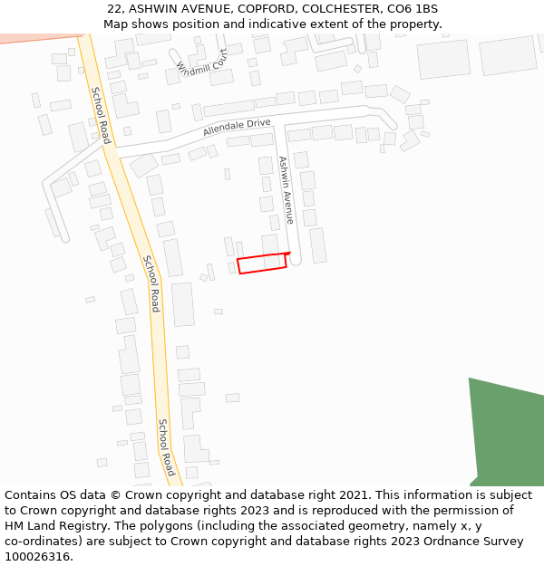 22, ASHWIN AVENUE, COPFORD, COLCHESTER, CO6 1BS: Location map and indicative extent of plot