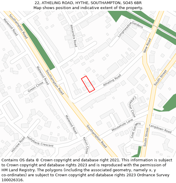 22, ATHELING ROAD, HYTHE, SOUTHAMPTON, SO45 6BR: Location map and indicative extent of plot