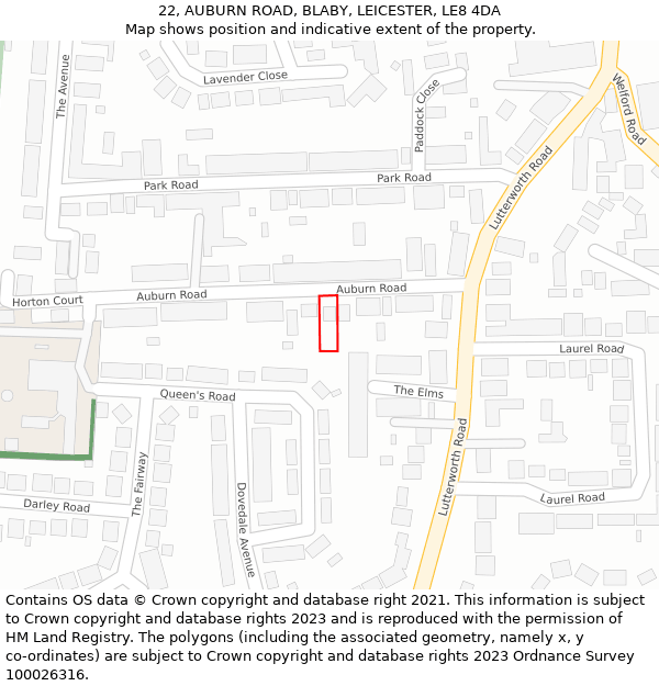 22, AUBURN ROAD, BLABY, LEICESTER, LE8 4DA: Location map and indicative extent of plot