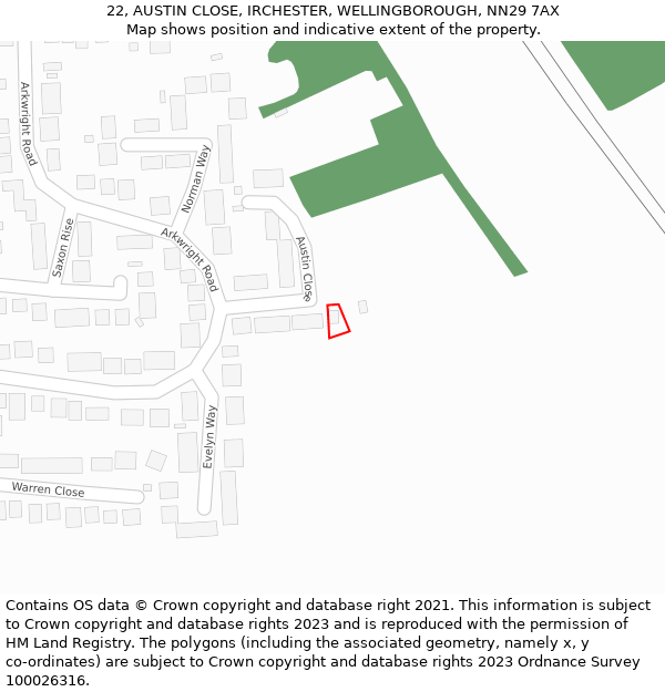 22, AUSTIN CLOSE, IRCHESTER, WELLINGBOROUGH, NN29 7AX: Location map and indicative extent of plot