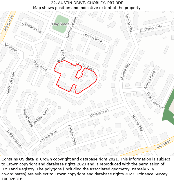 22, AUSTIN DRIVE, CHORLEY, PR7 3DF: Location map and indicative extent of plot