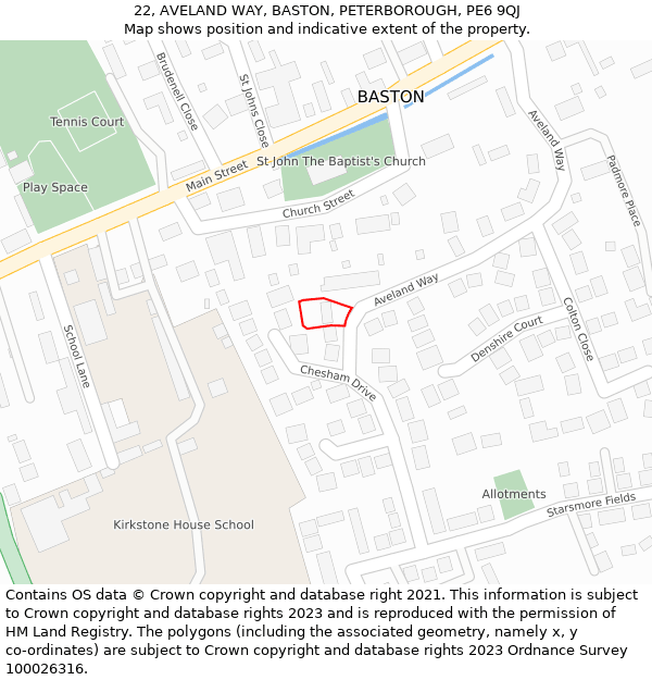 22, AVELAND WAY, BASTON, PETERBOROUGH, PE6 9QJ: Location map and indicative extent of plot