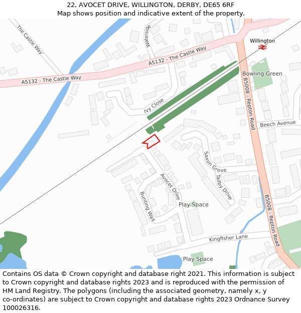 22, AVOCET DRIVE, WILLINGTON, DERBY, DE65 6RF: Location map and indicative extent of plot