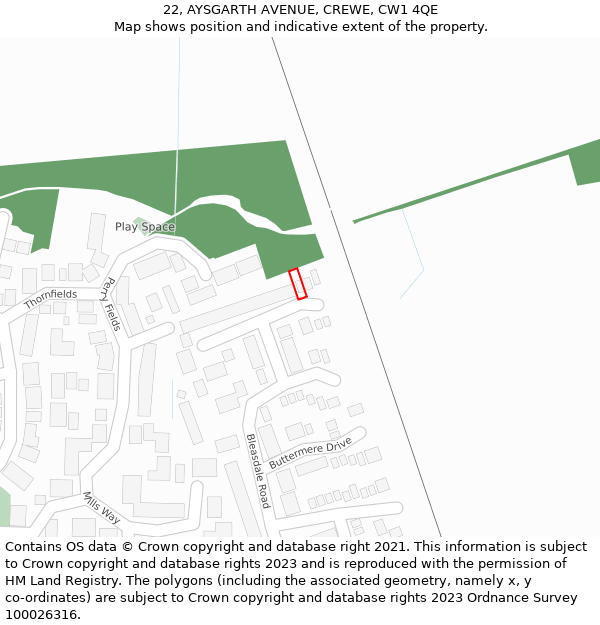 22, AYSGARTH AVENUE, CREWE, CW1 4QE: Location map and indicative extent of plot