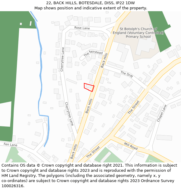 22, BACK HILLS, BOTESDALE, DISS, IP22 1DW: Location map and indicative extent of plot